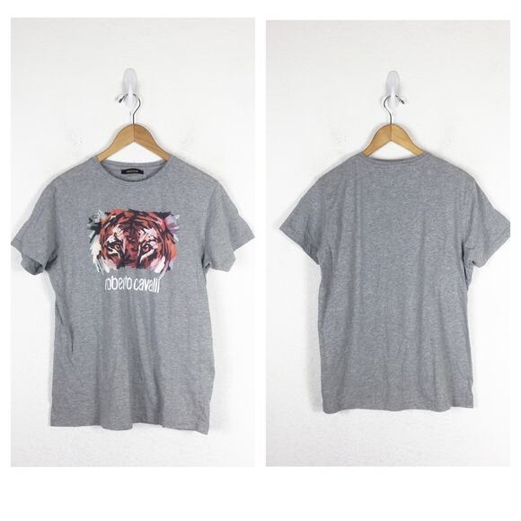 Roberto Cavalli Grey Tiger Short Sleeve Tee XL Cotton Graphic Animal Print - Picture 1 of 11